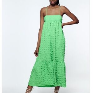 Zara oversized green textured tiered midi sun dress NWT